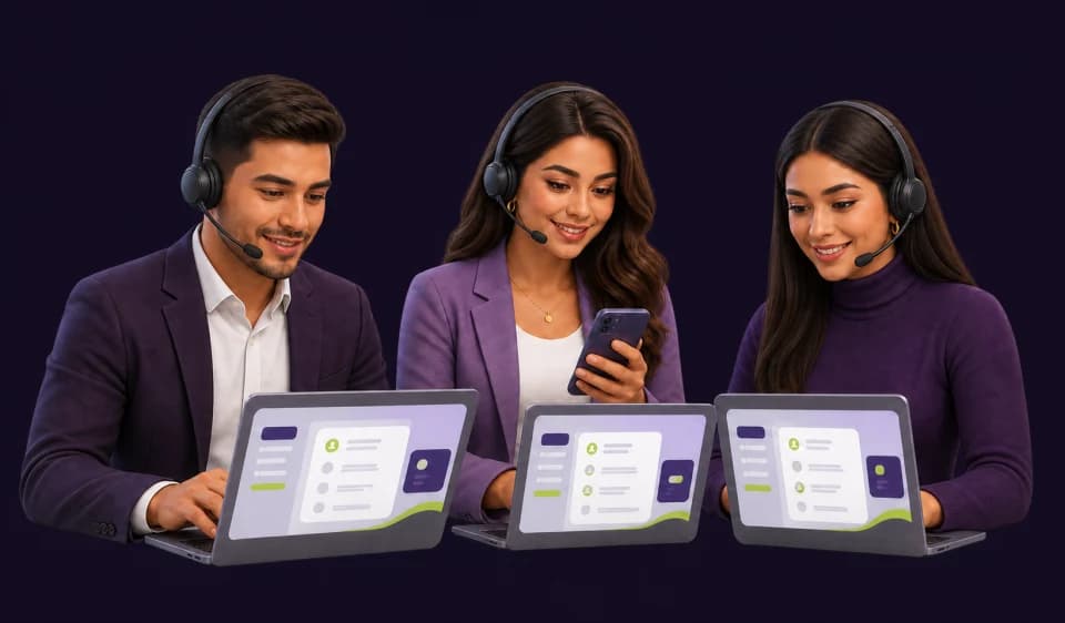 Tres asesores con headsets atendiendo colas de leads desde laptops y un teléfono móvil